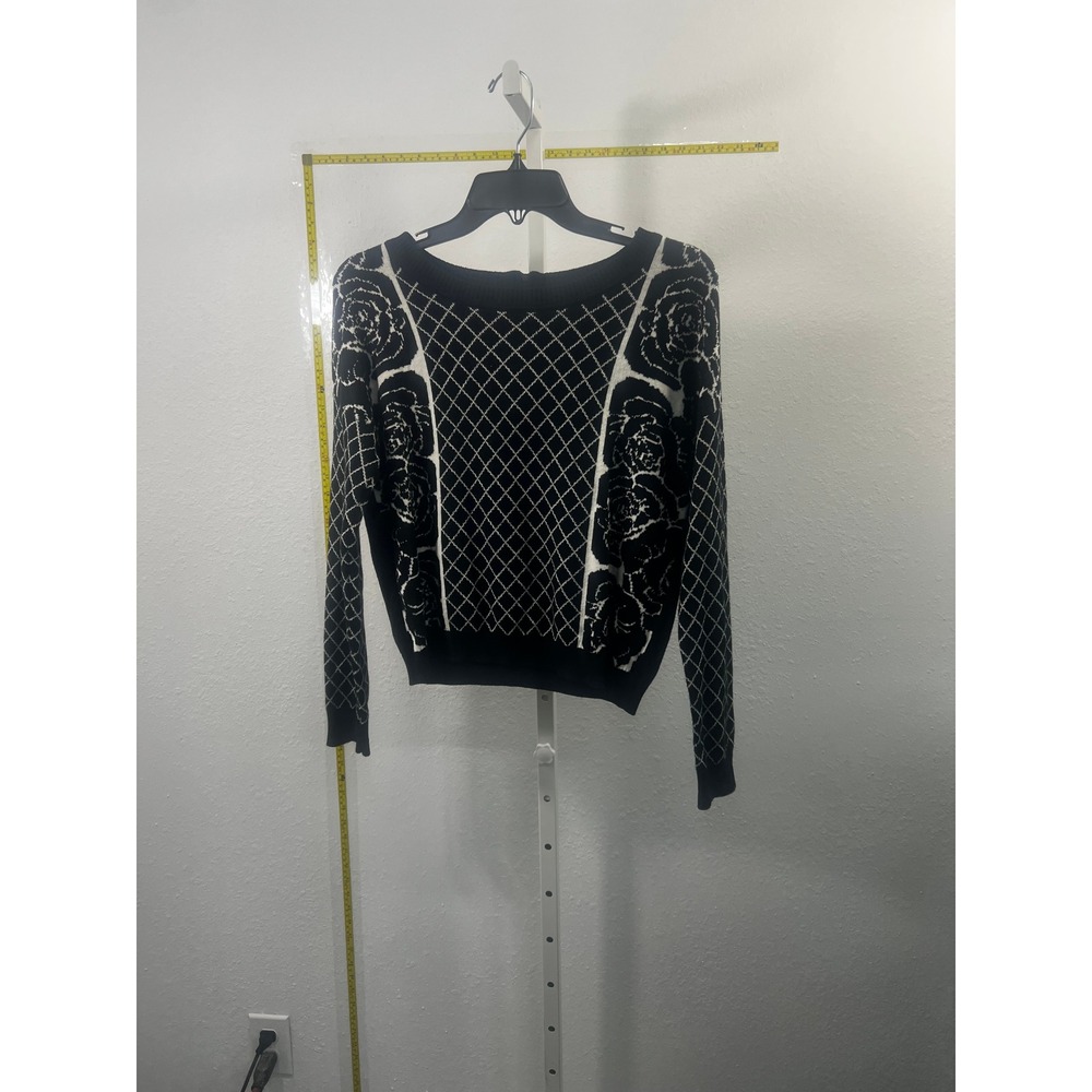 Heart N Crush Womens Black White Floral‎ Diamond Knit Zip Back Sweater Size M